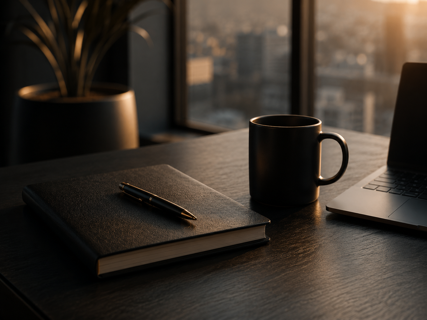 A leather notebook, pen, coffee mug and laptop on a dark wooden desk at sunset — a quiet setting for a strategic recruitment conversation