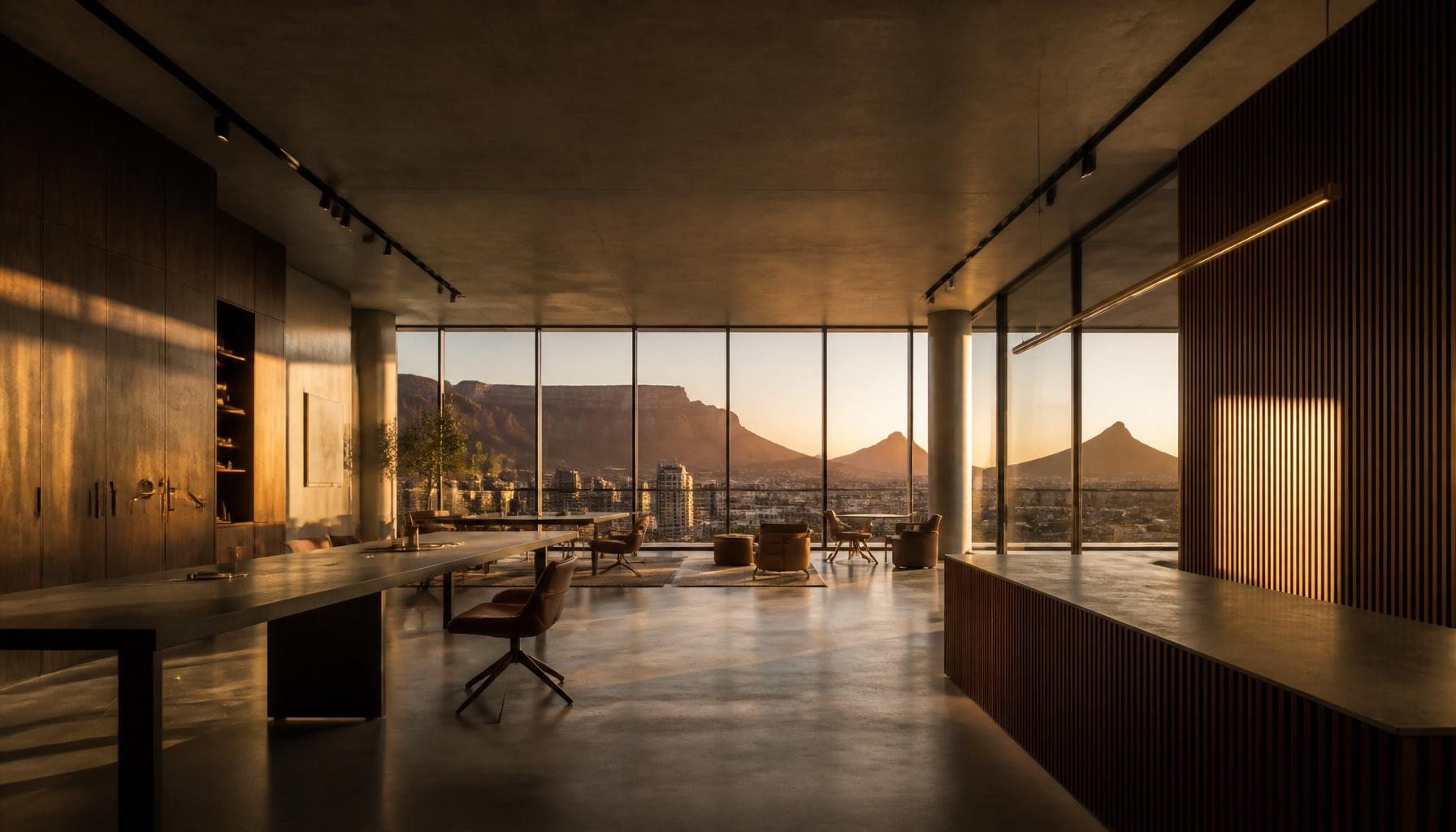 A quiet architectural office overlooking the South African landscape at sunset
